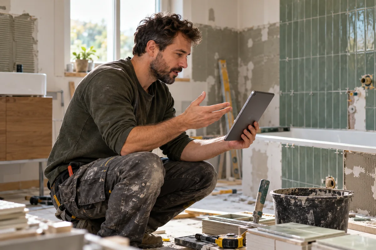 Professionnel échangeant sur tablette dans une salle de bain en rénovation